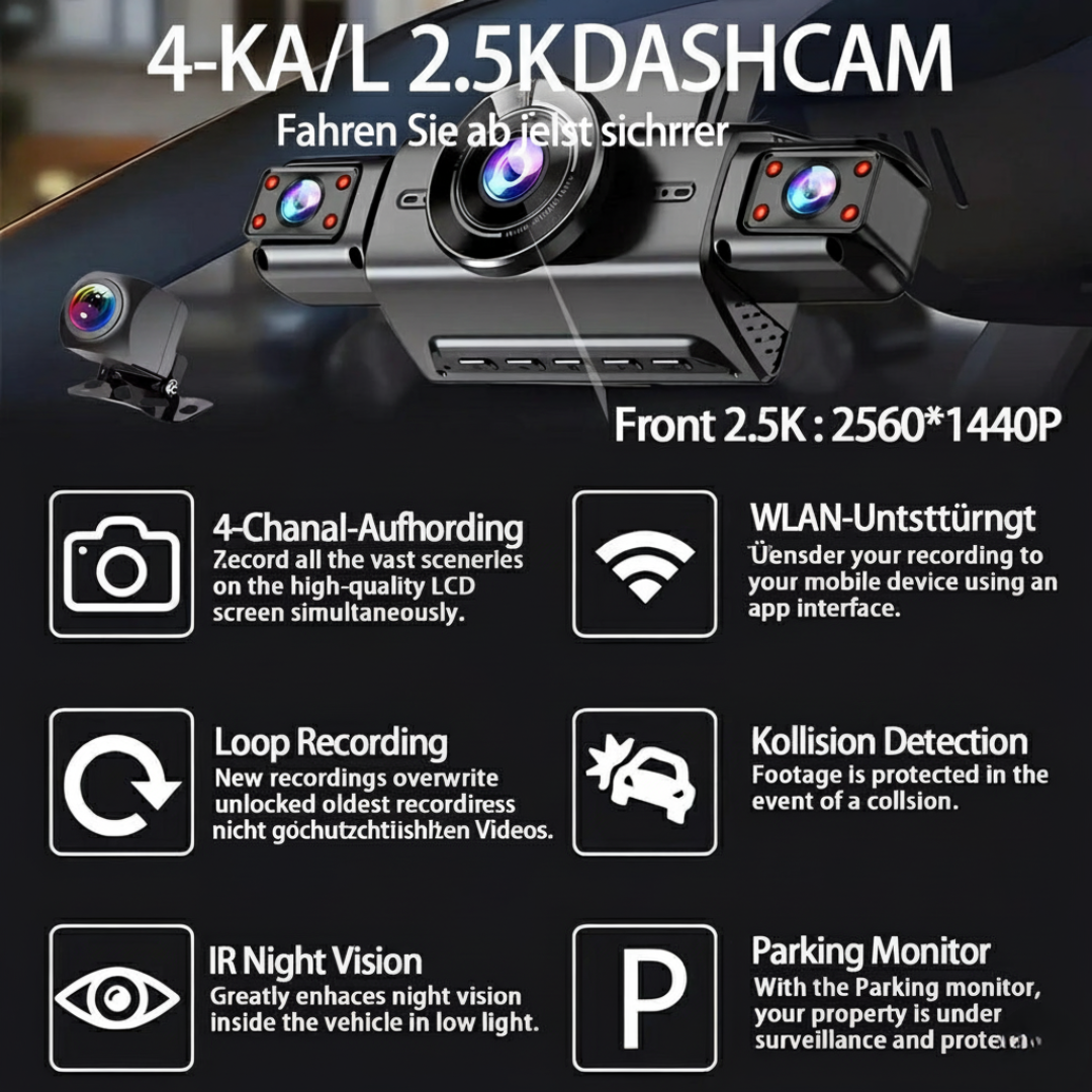 OMGO 360° 4CH WiFi Dash Cam – Ultra HD 2.5K Autokamera