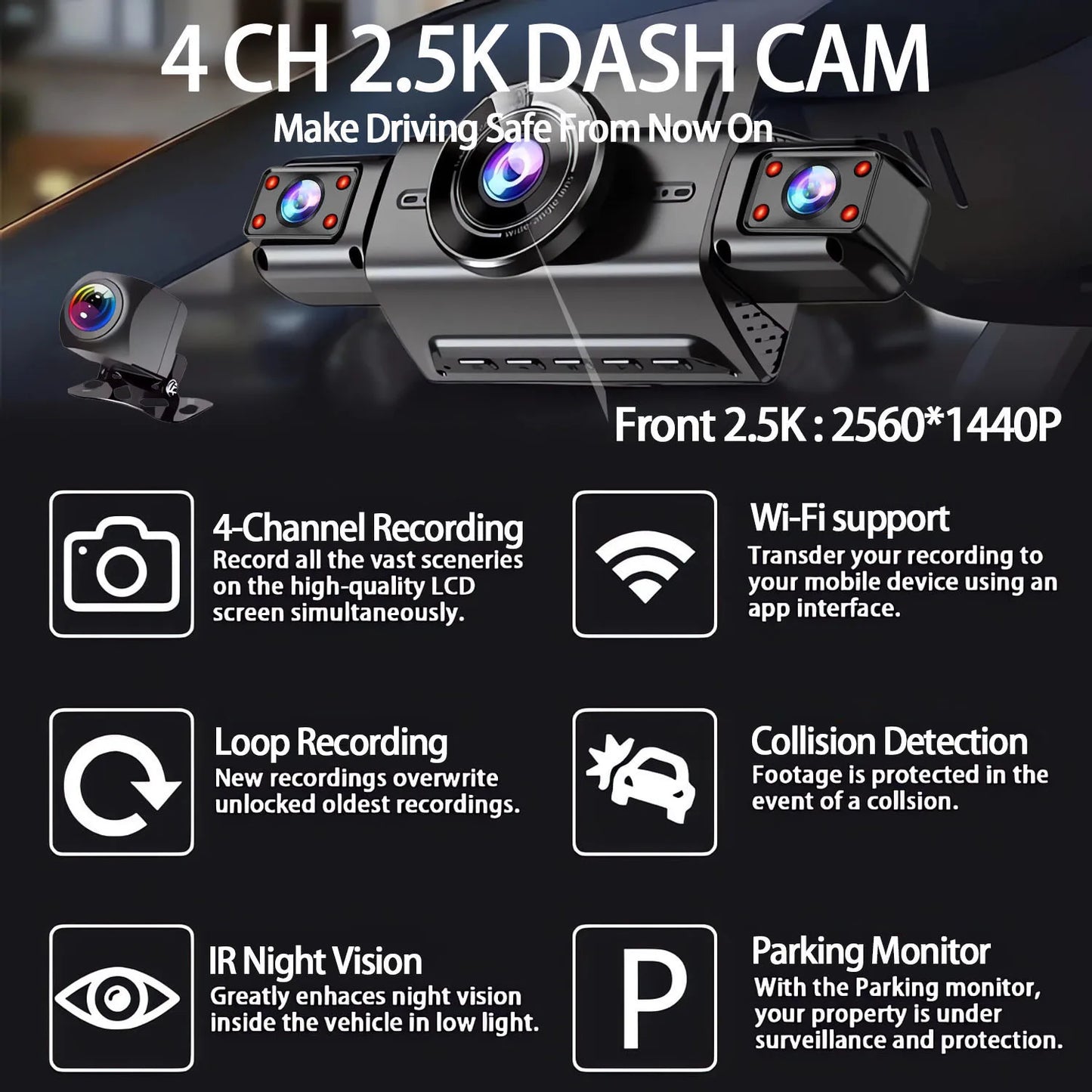 OMGO 360° 4CH WiFi Dash Cam – Ultra HD 2.5K Autokamera